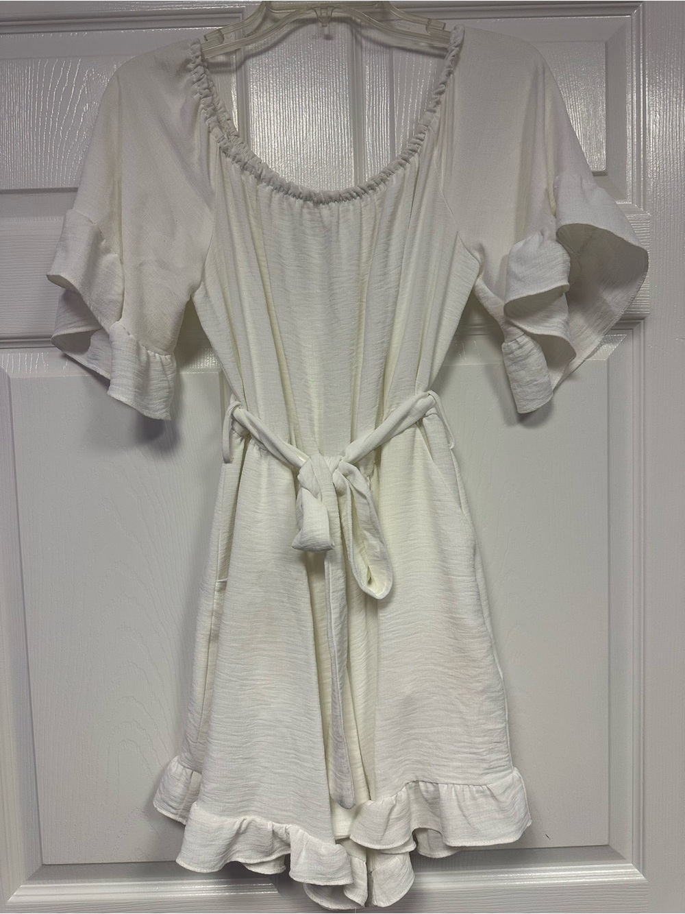 White Ruffle Sleeve Romper with Waist Tie